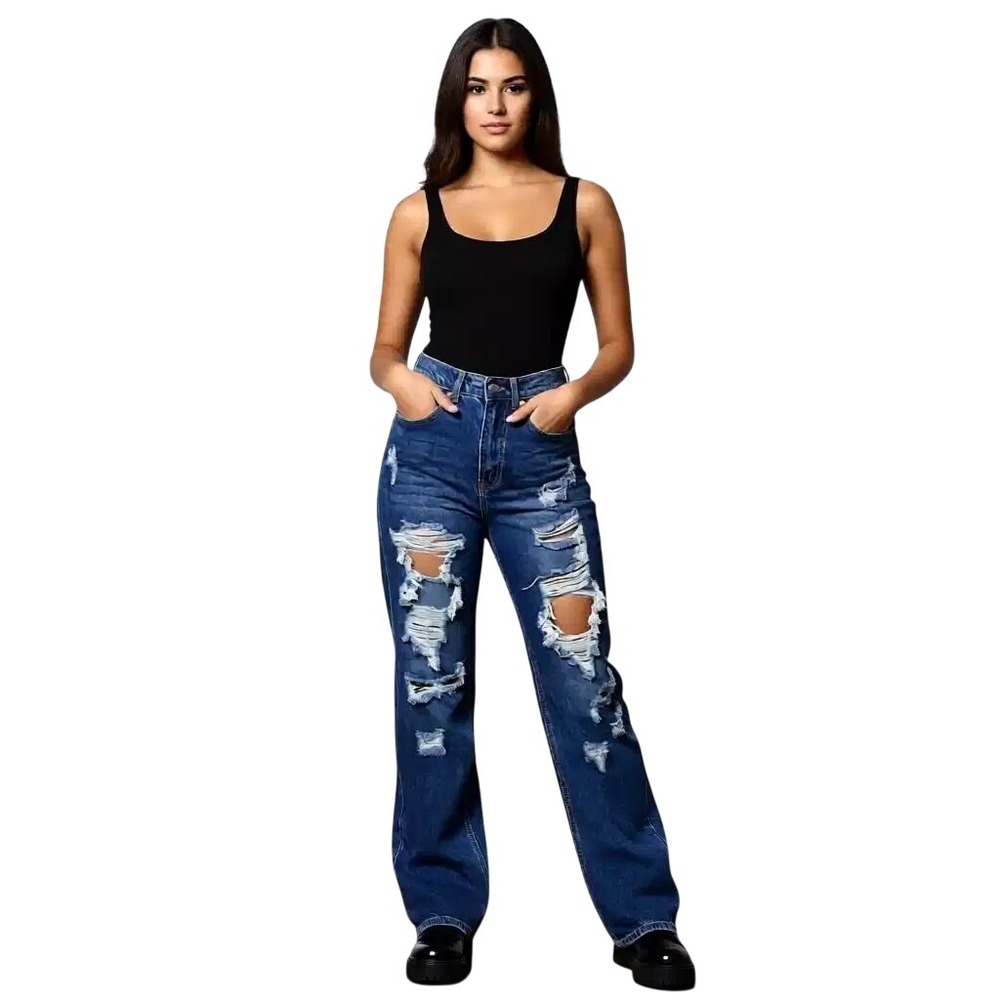 Wax Jean‎ Collection Distressed Wide Leg High Rise Jeans Md Wash Womens  M NWT